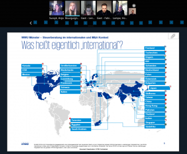 Screenshot der Veranstaltung. Zu sehen ist eine Folie der Präsentation von KPMG, sowie einige der teilnehmenden Mitglieder und Unternehmensvertreter